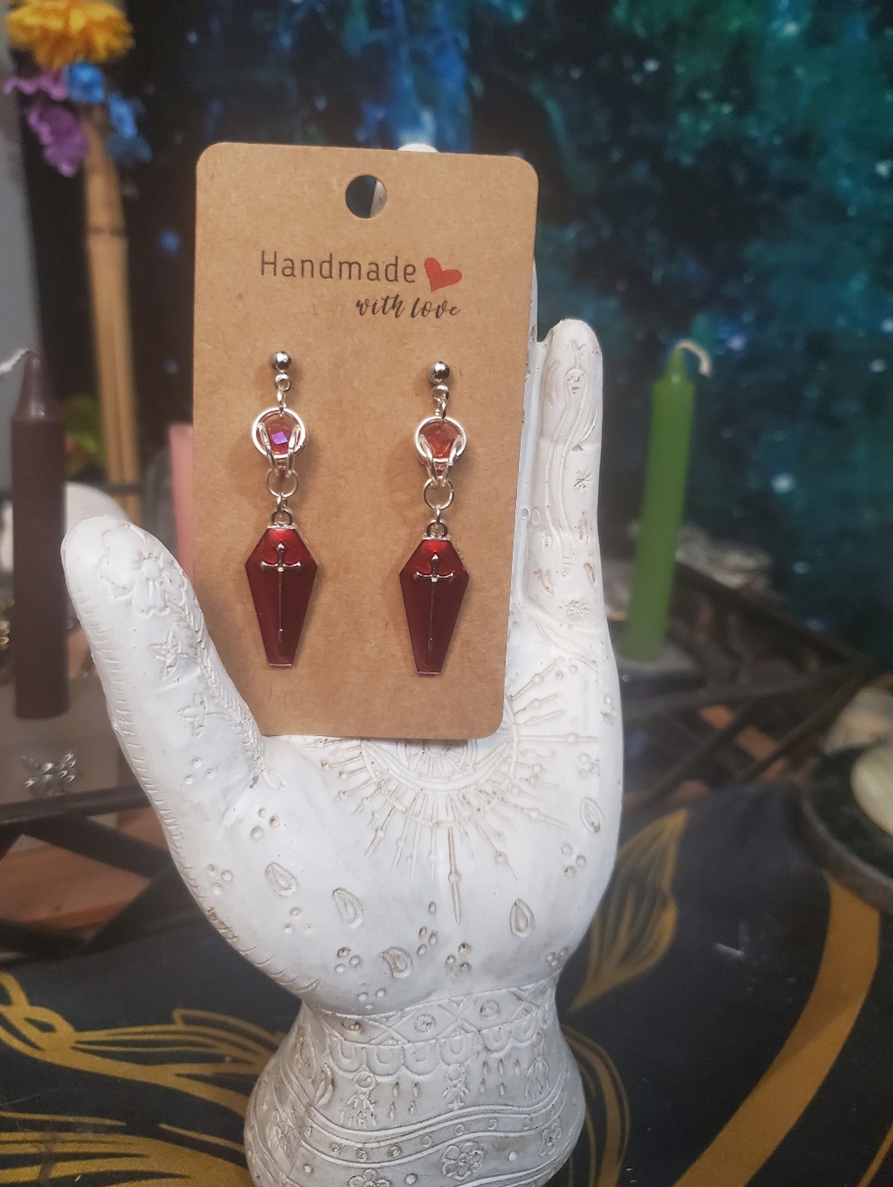 Handmade Silver and Red Chainmail Weave And Coffin Hypoallergenic Earrings